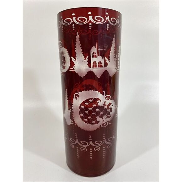 Egermann Ruby Red Cut To Clear Glass Vase Czech Bohemian Castle 40’s 10” X 4” - Picture 3 of 13